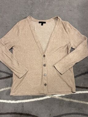 Beige Ribbed Button-Front Women's Cardigan Sweater